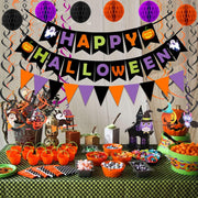 Happy Halloween Banner Party Decorations, Triangle Flag Bunting, Hanging Garland, Honeycomb Ball, Swirl Streamers & Confetti Dots for Halloween Party Decorations