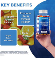 Probiotic + Prebiotic Gummies, 5 Billion CFU Digestive Support, Sugar Free Gut Health Supplement for Adults, Bacillus Coagulans with Inulin Fiber, 60 Gummies