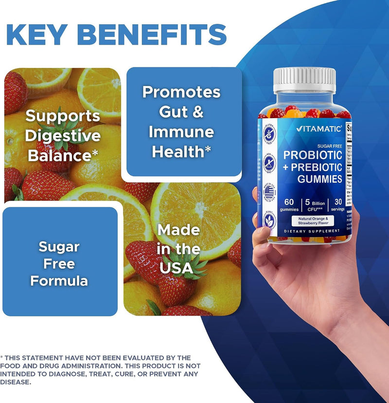 Probiotic + Prebiotic Gummies, 5 Billion CFU Digestive Support, Sugar Free Gut Health Supplement for Adults, Bacillus Coagulans with Inulin Fiber, 60 Gummies