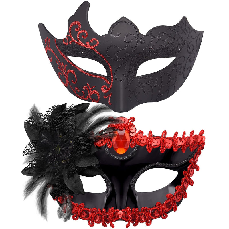 Couple Masquerade Masks Set Venetian Party Mask Plastic Halloween Costume Mask Mardi Gras Mask for Couples Women and Men, Gold - Black & Red