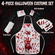4 PCS Halloween Butcher Costume Set for Men, Adults and Teenagers Bloody Apron, Knife Headband and Sticker, Scary Halloween Costumes, Horror Chef Cosplay Outfit