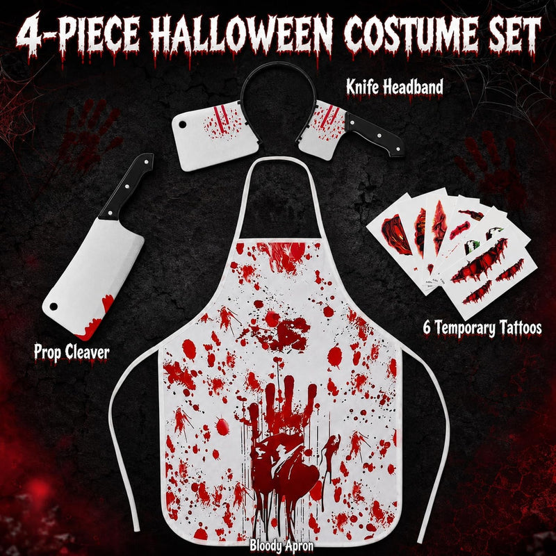4 PCS Halloween Butcher Costume Set for Men, Adults and Teenagers Bloody Apron, Knife Headband and Sticker, Scary Halloween Costumes, Horror Chef Cosplay Outfit