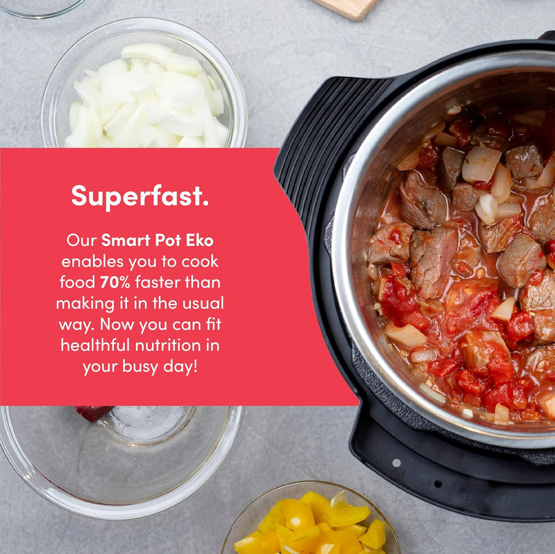 Nutricook Smart Pot Eko, 1000 Watts - 9 In 1 Instant Programmable Electric Pressure Cooker, 6 Liters, 14 Smart Programs, Brushed Stainless Steel/Black, 2 Years Warranty, Silver/Black