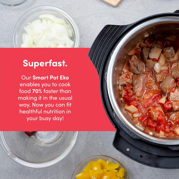 Nutricook Smart Pot Eko, 1000 Watts - 9 In 1 Instant Programmable Electric Pressure Cooker, 6 Liters, 14 Smart Programs, Brushed Stainless Steel/Black, 2 Years Warranty, Silver/Black