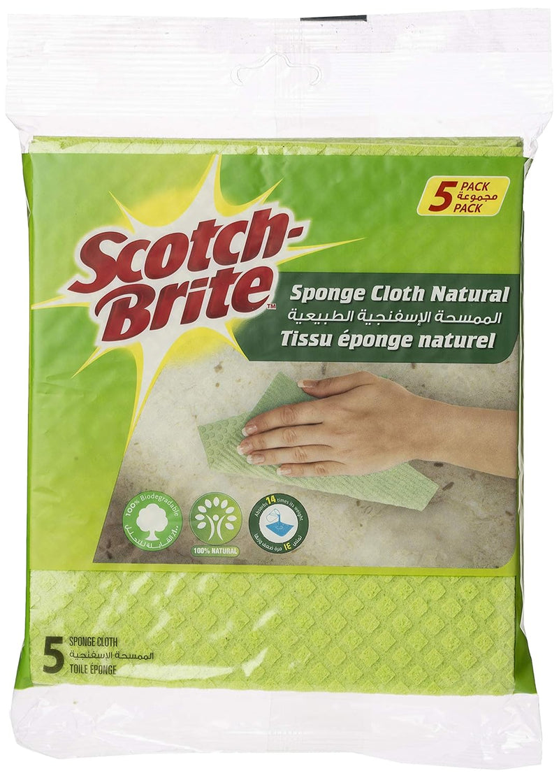 Scotch-Brite Multi-Purpose Sponge Cloth - Natural Green color, 5 units/pack | Quickly soaks up any liquid | Wipes like a cloth, absorbs like a sponge | Kitchen cloth | Cleaning cloth | Sponge cloth