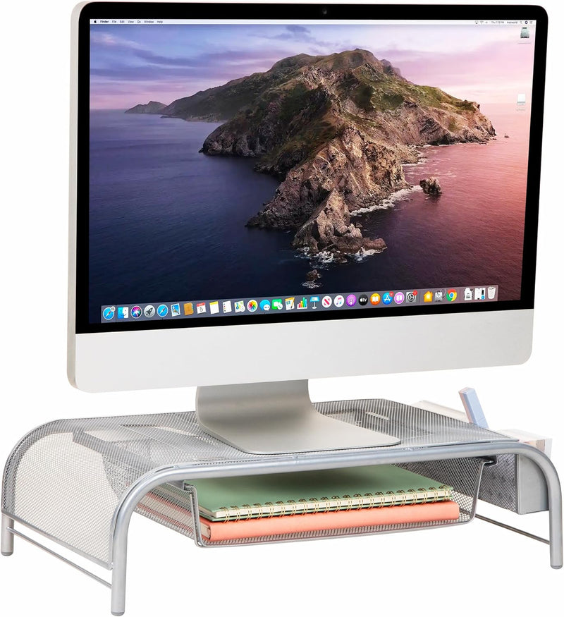 Mind Reader 2Meshmon-Blk Metal Mesh Stand And Desk Organizer With Drawer, Monitor Riser, Black-2 Pack - Silver Flats