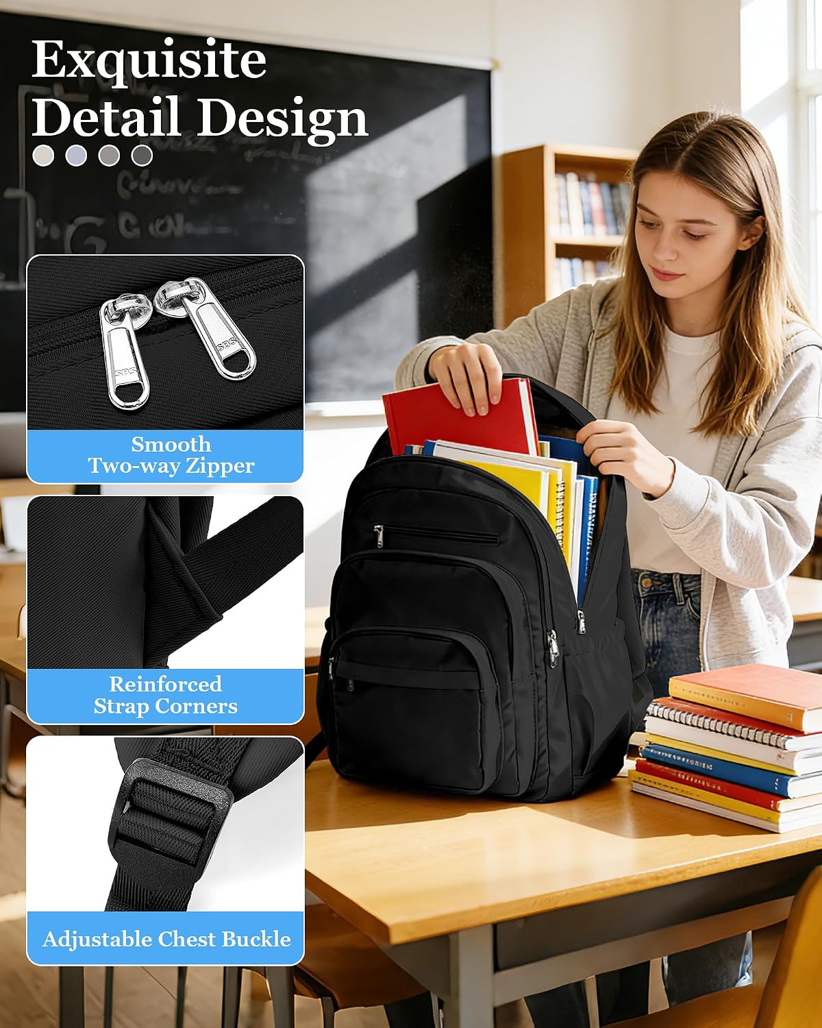 WEPOET Backpack Women Men School Backpack Large with Many Compartments Waterproof Backpack Lightweight for School Backpack Teenager Daypacks Backpack for Boys Girls, A1 black, Rucksack Backpacks – image 4