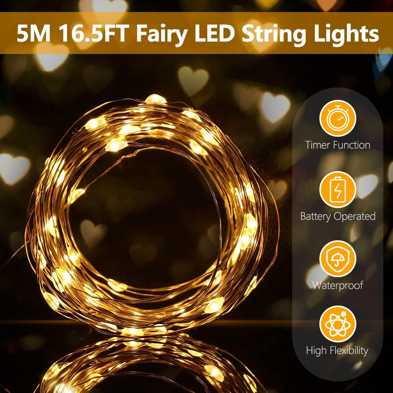 Fairy Lights Battery with Timer, 5m 50 LED Micro Wire Fairy String Lights with Timer Indoor Outdoor Lighting, Bedroom, Wedding Decor, Birthday Party Decoration (4 Packs, Warm White) - Warm White 4 Packs