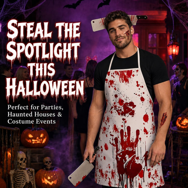 4 PCS Halloween Butcher Costume Set for Men, Adults and Teenagers Bloody Apron, Knife Headband and Sticker, Scary Halloween Costumes, Horror Chef Cosplay Outfit