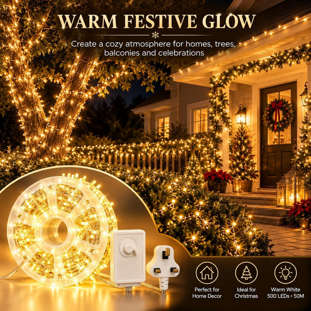 Christmas Lights,50M 500 LED Christmas Tree Lights, Warm White String Lights, 8 Lighting Modes, Christmas Decorations for Bedroom, Gardens, Balcony, Wedding and Party,Diwali,