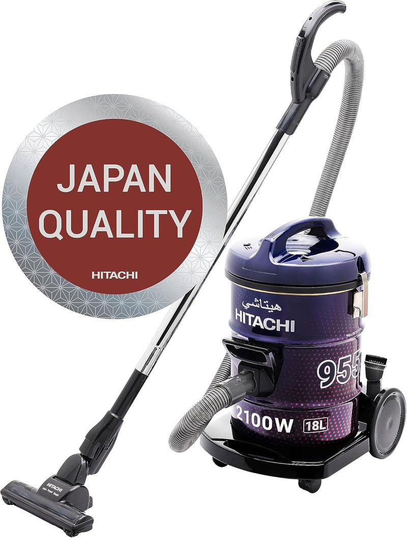 HITACHI Drum Vacuum Cleaner 2100 Watts, 18L Tank Dust Capacity, Aero Power Brush to Clean Efficiently, Metal Pipe, Dusting Brush & Crevice Nozzle, Washable Filter, Best for Home & Office, CV955NBLGCM - Aero Power Brush with Metal Pipe