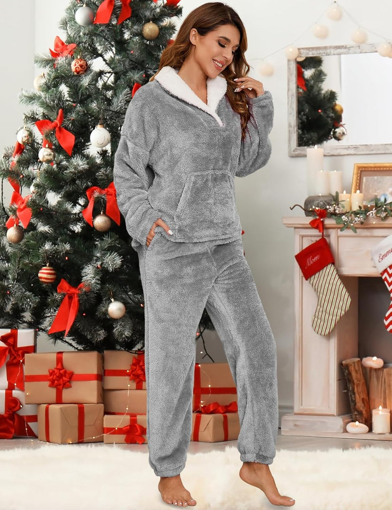 Women's Fluffy Pajamas Set 2 Piece Soft Fleece Pjs Pullover Pants Loose Plush Sleepwear Warm Fuzzy Loungewear - Grey