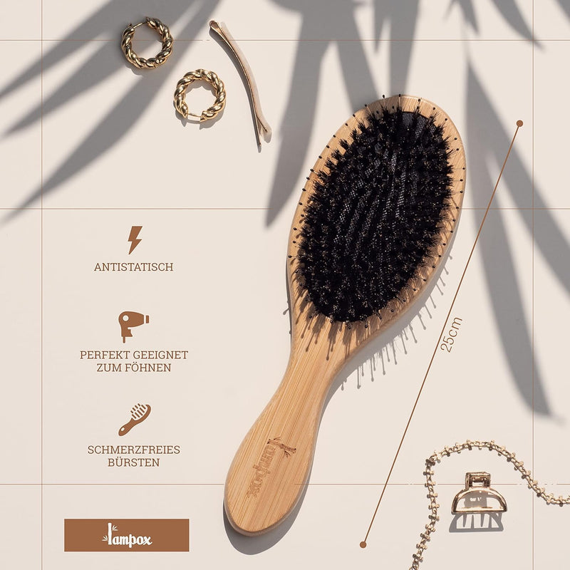 Bamboo Hair Brush with Boar Bristles Head Massage Hair Care, Detangling Brush for Long Hair & Curls of Women, Men & Children, Massage Brush for Scalp, Detangler (Oval)