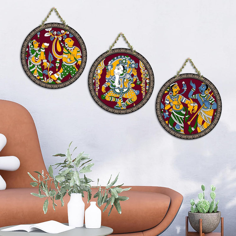 Artvibes Rajasthani Culture Wooden Wall Hanger for Home | Office | Living Room | Gift | Modern Decoration Items | Kitchen Wall Decor | Home Decor Hanging Items (WH_5012N), Set of 3