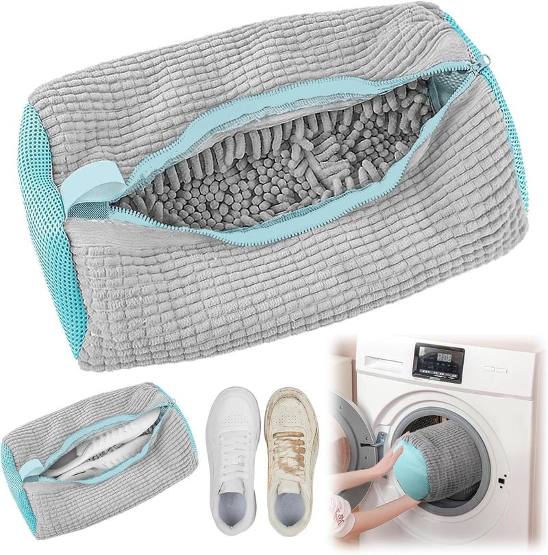 MOMENT Large Shoe Washing Machine Bag, 38x18cm Chenille Microfiber Sneaker Laundry Bag, 360 Scrubbing Deep Cleaning Reusable Shoe Washing Bags for Trainers, Sport Running Shoes (Yellow) - Gray Jumbo