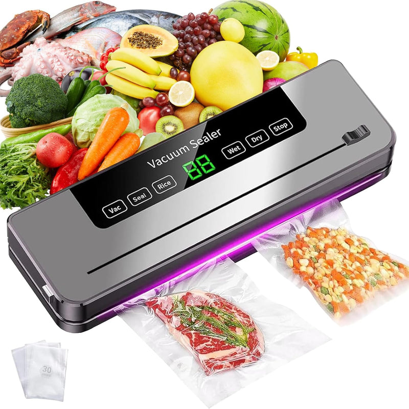 Necomi Vacuum Sealer, 6-in-1 Automatic Sealing Food Saver Machine with 30Pcs Sealing Bags, Dry & Moist Sealing Modes, Built-in Cutter,for Food Fresh and Storage