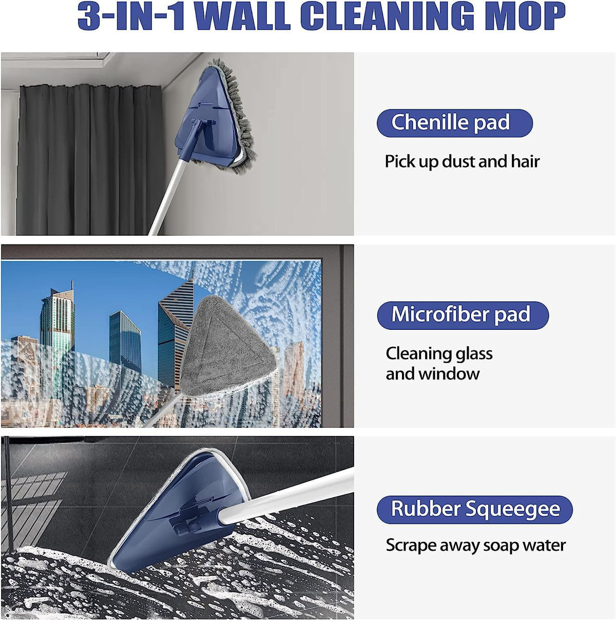 Triangle Mop - 360 Rotating Microfiber Triangle Head - Blue - For Floor, Wall, Ceiling, Window - Metal Handle – image 6