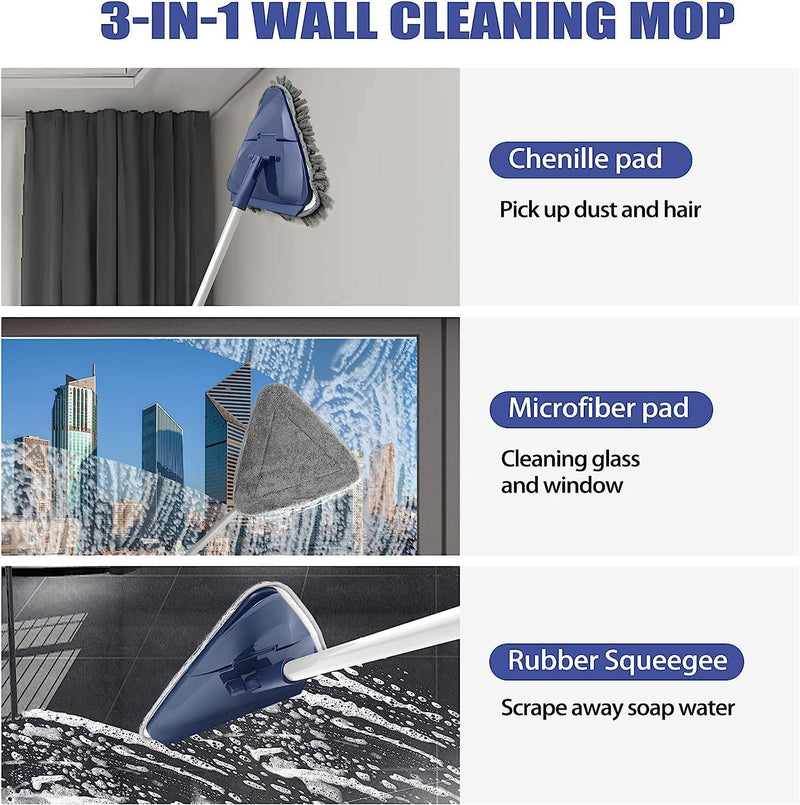 Triangle Mop - 360 Rotating Microfiber Triangle Head - Blue - For Floor, Wall, Ceiling, Window - Metal Handle
