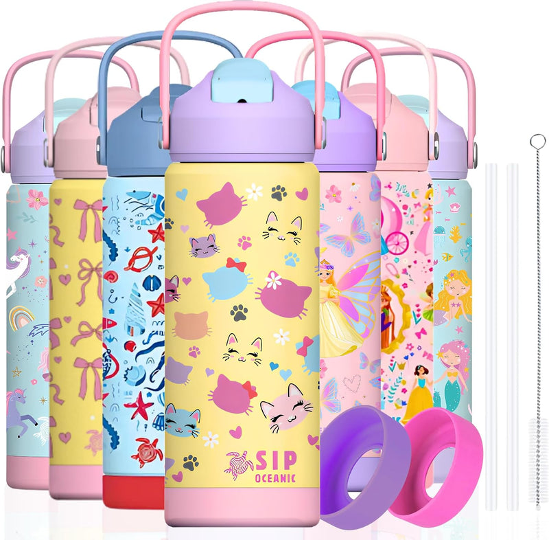 550ml Girls Premium Stainless Steel Water Bottle with Straw Leak-Proof, Double-Wall Vacuum Insulated Kids Flask for School & Sports, BPA-Free (Mermaid, 550ml) - Kitty Cats 550 ml