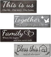 Joyhawk 4 Pieces Home Wall Signs, THIS IS US/TOGETHER/BLESS THIS HOME/FAMILY Wall Decor For Living Room Bedroom, Rustic Wooden Farmhouse Wall Art , 4.7 x 13.8 Inch(Brown) - black white grey