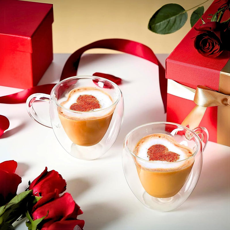 1CHASE Heart Shaped Double Wall Glass Coffee Mug With Handle Set Of 2Pcs 180ML Borosilicate Cup for Tea, Coffee, Espresso Romantic Valentine's Day Present for Couples, Him & Her - 180 ML