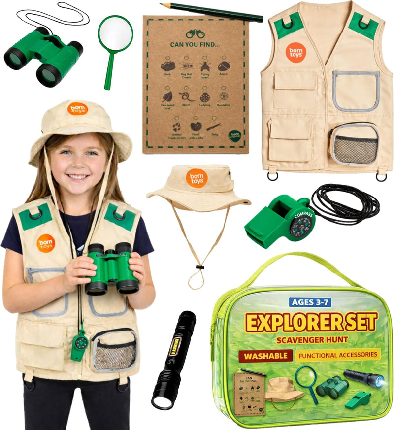 Born Toys Explorer Kit for Kids Children's Toy with Washable Premium Backyard Safari Vest and Adventure kit or Paleontologist Costume Full Kids Explorer Set - Deluxe Explorer