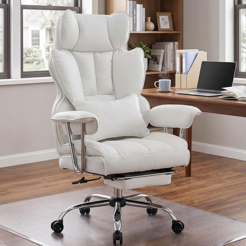 Big and Tall Office Chair 400lbs PU Leather Executive Desk Chair with Lumbar Support & Leg Rest, Heavy-Duty Computer Chairs for Home Office, Pink 400lbs support, 135 recline, dual-layer foam cushion, 23.5" seat & footrest. BIFMA - White