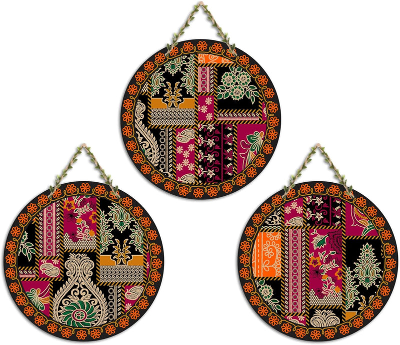 Artvibes Rajasthani Culture Wooden Wall Hanger for Home | Office | Living Room | Gift | Modern Decoration Items | Kitchen Wall Decor | Home Decor Hanging Items (WH_5012N), Set of 3