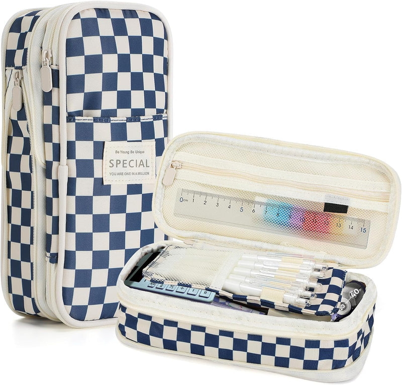 Large Capacity Pencil Case with Zipper, Cute Checkerboard Pencil Pouch for School Office College, Stationery Storage Bag Box Holder for Student Teen Girls Boyd Back to School Gifts (Pink) - Blue