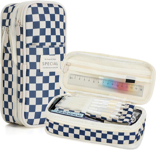 Large Capacity Pencil Case with Zipper, Cute Checkerboard Pencil Pouch for School Office College, Stationery Storage Bag Box Holder for Student Teen Girls Boyd Back to School Gifts (Pink) - Blue