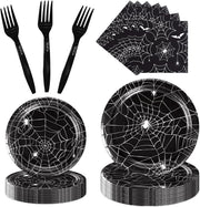 Halloween Spider Web Party Supplies - 96PCS Halloween Party Supplies Set Includes Plates Napkins Forks Horror Decor Supply Serves 24 Guests Tableware Kit