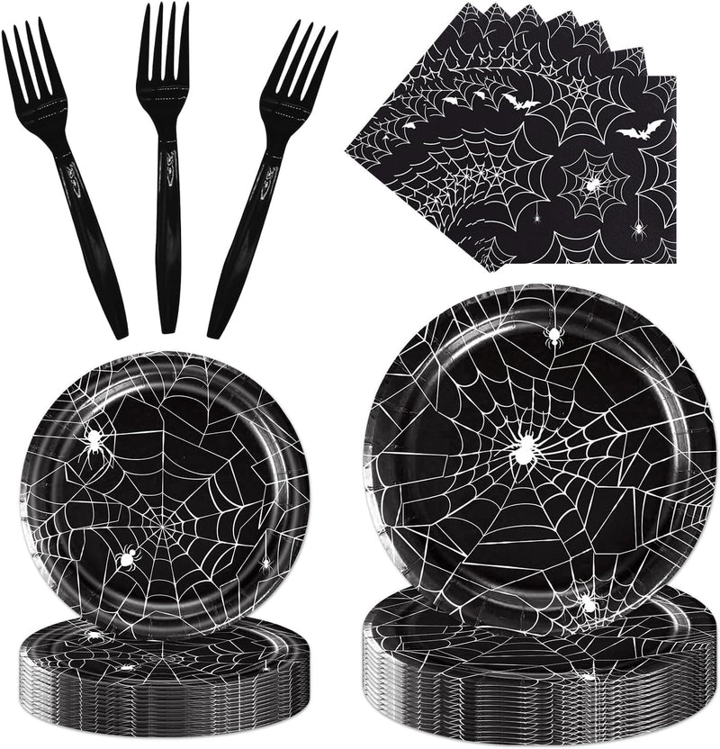 Halloween Spider Web Party Supplies - 96PCS Halloween Party Supplies Set Includes Plates Napkins Forks Horror Decor Supply Serves 24 Guests Tableware Kit