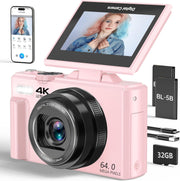 VJIANGER 4K Digital Camera for Photography, 64MP Vlogging Camera for YouTube with 3" 180 Flip Screen, 18X Digital Zoom Point and Shoot Camera with 32GB Micro SD Card for Beginner (Black) - YL15-W08-C-LP