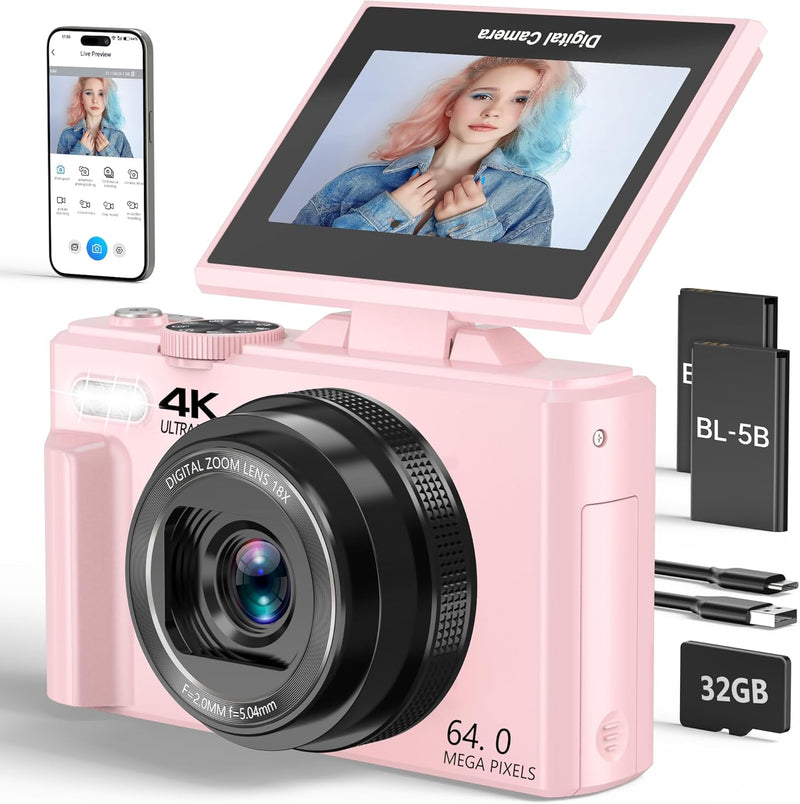 VJIANGER 4K Digital Camera for Photography, 64MP Vlogging Camera for YouTube with 3" 180 Flip Screen, 18X Digital Zoom Point and Shoot Camera with 32GB Micro SD Card for Beginner (Black) - YL15-W08-C-LP