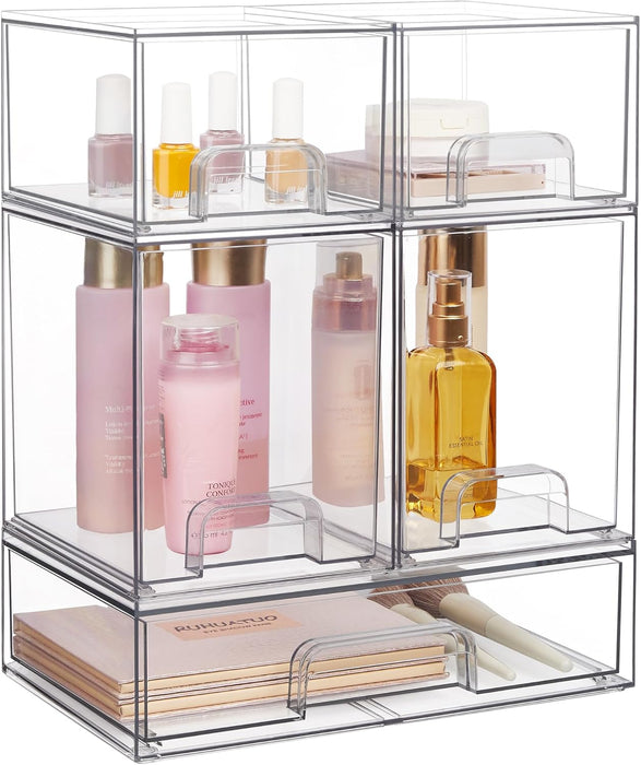 Vtopmart 12.1''W Clear Stackable Storage Drawers,4 Pack Acrylic Plastic Organizers Bins for Makeup Palettes, Cosmetics, and Beauty Supplies,Ideal for Vanity, Bathroom,Cabinet,Desk Organization