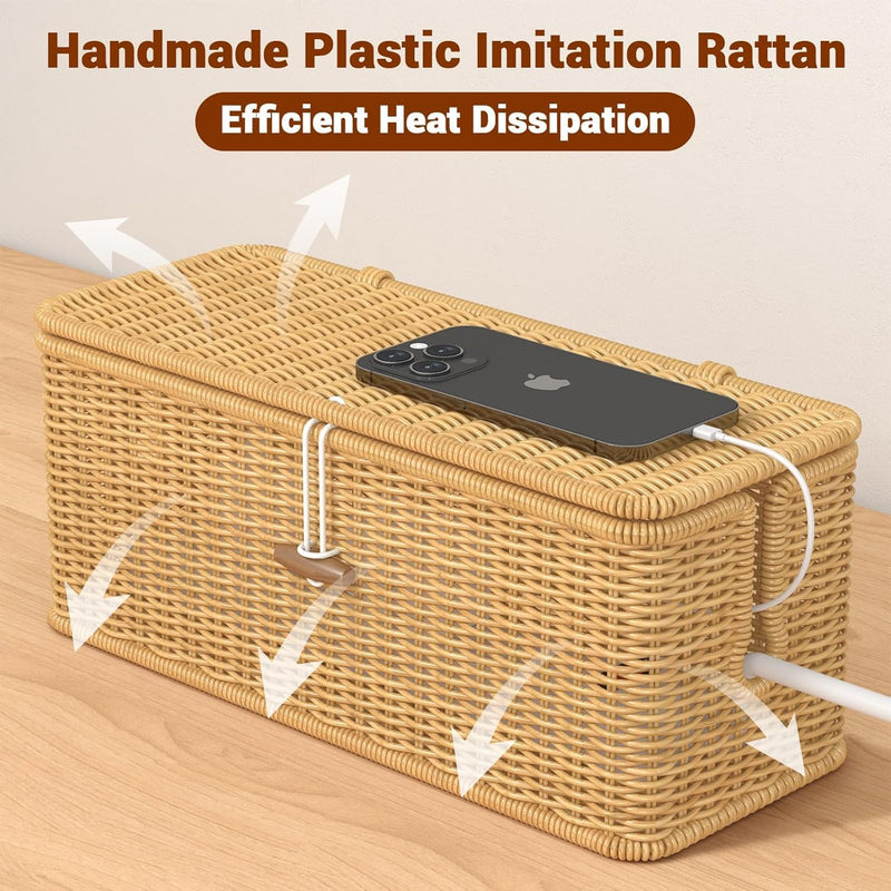 Cable Management Box, Handmade Rattan Organizer, 2 Open Slots Cords Hider Under Desk Cord Organizer Management, For Computer Router Usb Hub & Power Strip