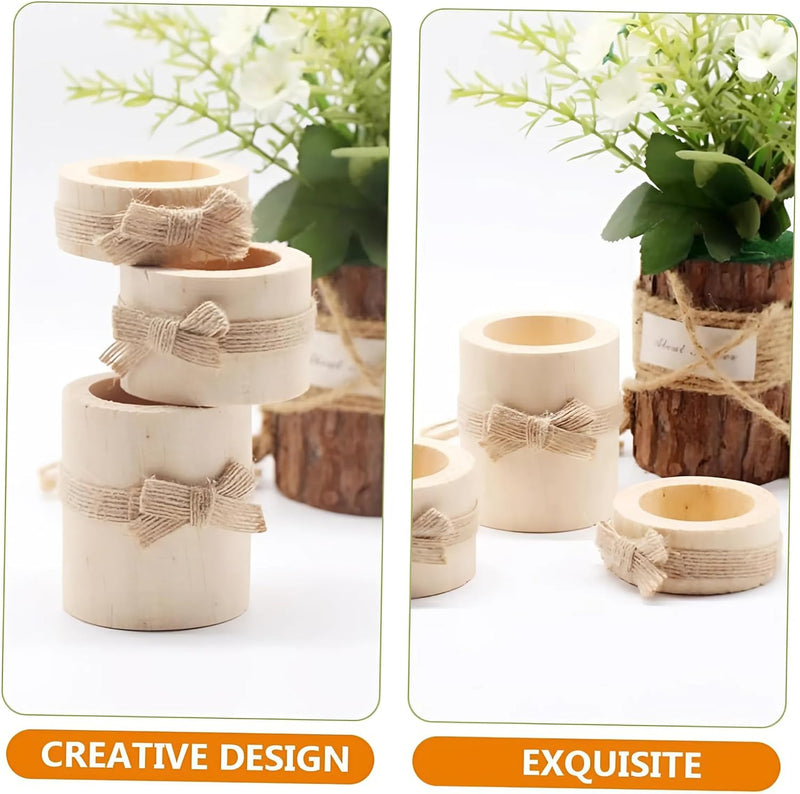 Cozy Nest 3 Piece Rustic Wooden Tea Light Cylindrical Candlestick Holders with Bowknot & Succulent Pot – Decorative Table Centerpieces for Wedding, Party, Birthday, Holiday & Home Decoration