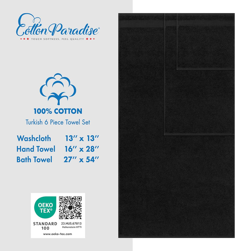 Cotton Paradise Hotel & Spa Quality, Absorbent and Soft Decorative Kitchen and Bathroom Sets, 6 Piece Turkish Towel Set, Includes 2 Bath Towels, 2 Hand Towels, 2 Washcloths, Charcoal Grey