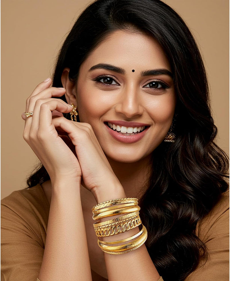 Gold Bangle Bracelets for Women, 14K Gold Plated Stackable Indian Bangles Set, Multi Layer Textured Chunky Boho Jewelry