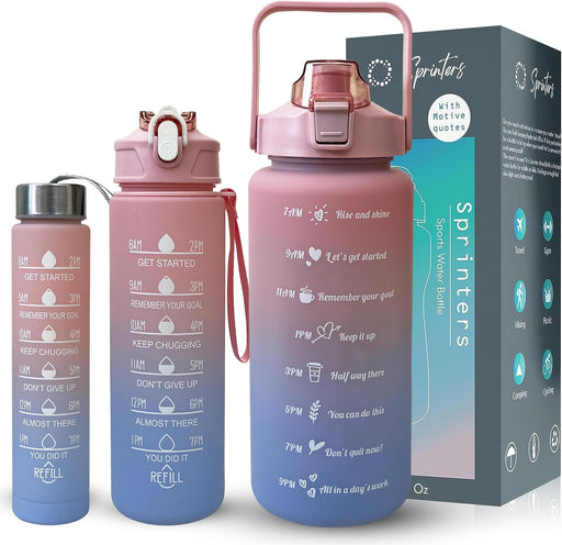 Large 2 Liters Water Bottle 64Oz BPA Free, Multicolor - Leak Proof With Straw, Motivational Quote And Time Marker, Anti Slip For Sport,Fitness, Gym, Picnic Outdoor( )) - Pink/Blue Pack Of 3