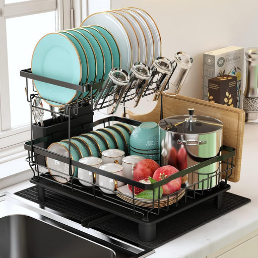 MAJALiS Stainless Steel Dish Drying Stand with Drainboard and Drying Mat with Utensil, Cutting Board and Cup Holder, Large Capacity, for Kitchen Counter, for Drying Washed Tableware, 2 Tier, Black - Black L