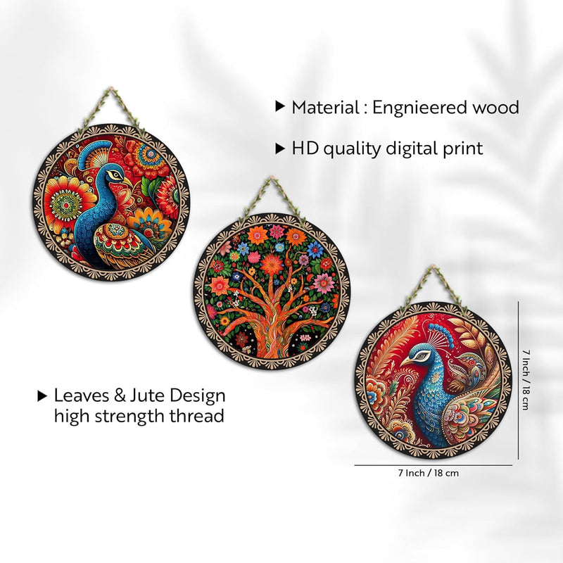 Artvibes Rajasthani Culture Wooden Wall Hanger for Home | Office | Living Room | Gift | Modern Decoration Items | Kitchen Wall Decor | Home Decor Hanging Items (WH_5012N), Set of 3