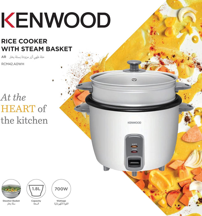 KENWOOD 2-in-1 Rice Cooker 1.8L 10-Cups Rice with Food Steamer Basket, Non-Stick Cooking Pot, Temepered Glass Lid, Warm/Cook Lights, Spatula Holder, Detachable Cord RCM44.000RD Red