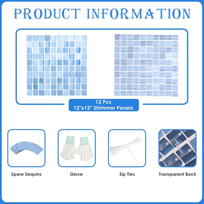 Kate Shimmer Wall Backdrop Blue Square Sequin Wall Panel Backdrop Decor for Wedding, Anniversary, Birthday, Party, 12 Panels