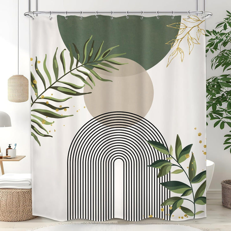 Boho Sage Green Shower Curtain 180 * 180CM, Abstract Bohemian Mid Century Modern Bathroom Curtain, Curtain for Home Bathroom Hotel Decor with Hooks