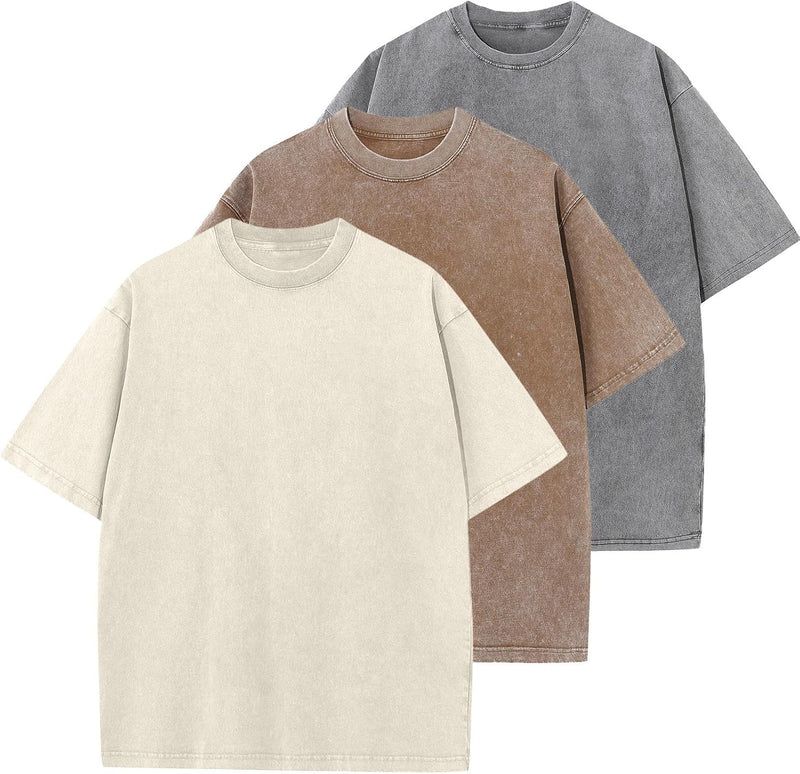 Mens Cotton T-Shirt, Oversized, Unisex, Short-Sleeved, Casual, Loose Fit, Washed, Solid Color - Beige+coffee+grey