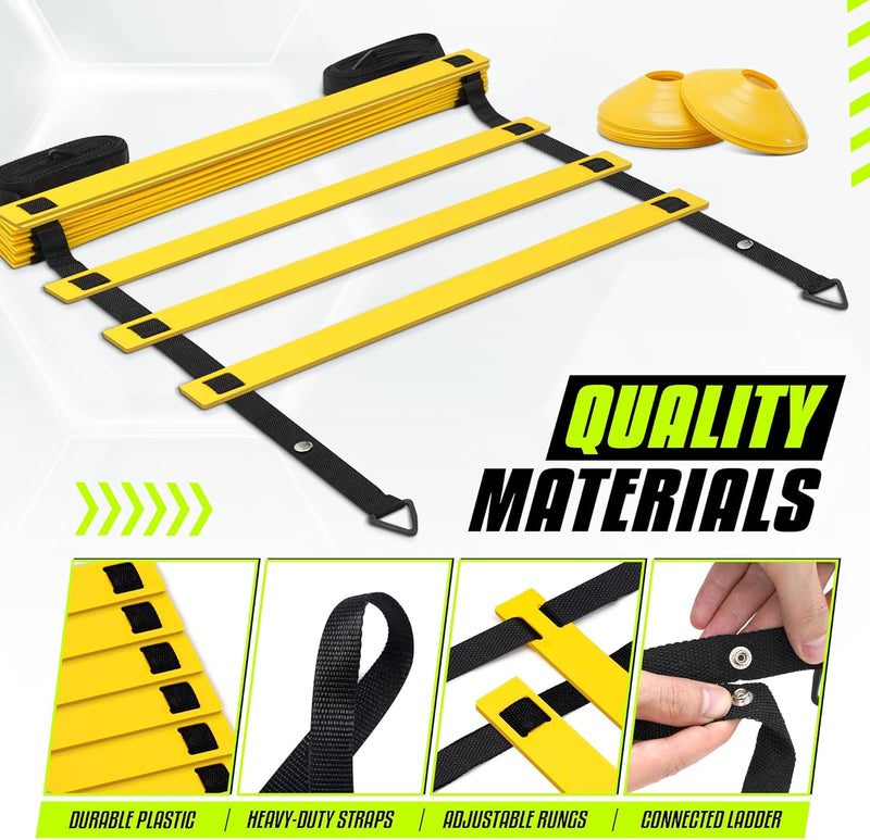Ultimate Agility Ladder Speed Training Equipment - 8, 12, 20 Rungs with Multi Colors - Soccer and Football Training - Speed Ladder for Kids and Adults - Included Carry Bag - 12 Rungs 1. Yellow