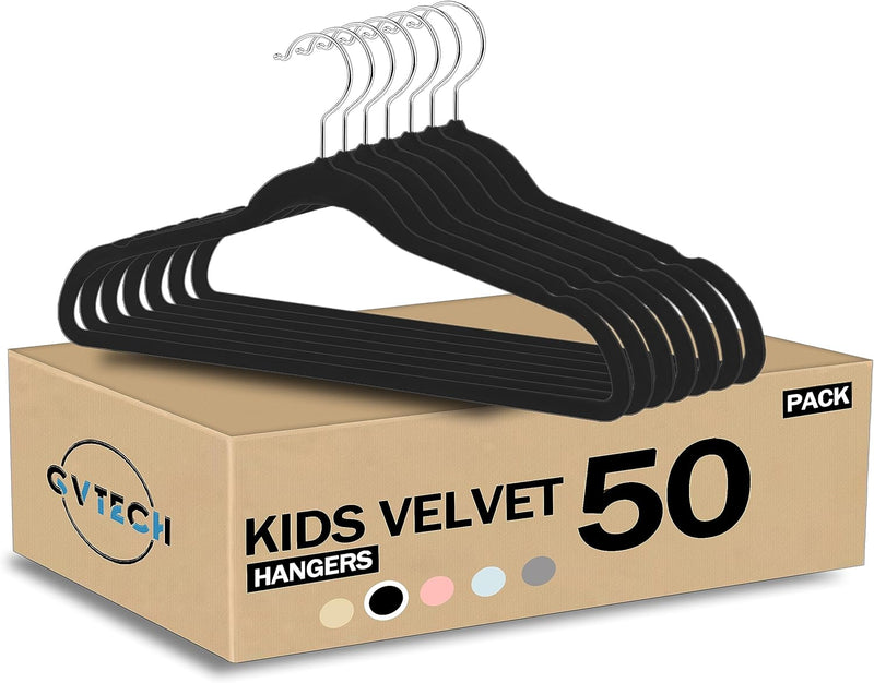 GVTECH Kids Hangers Velvet, [50 Pack] Children Cloth Durable Baby Hangers for Closet - Perfect Infant Toddler Kid Hanger for Everyday Use, Non Slip 360° Hooks for Shirt, Pant (50 Pack, Grey)