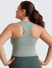 CRZ YOGA Womens Seamless Ribbed Longline High Neck Sports Bra - Racerback Padded Slim Fit Crop Tank Top with Built in Bra