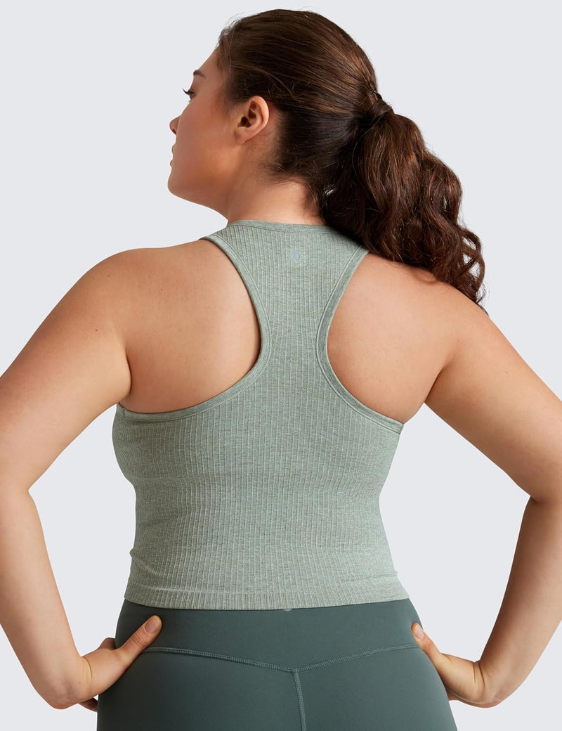 CRZ YOGA Womens Seamless Ribbed Longline High Neck Sports Bra - Racerback Padded Slim Fit Crop Tank Top with Built in Bra